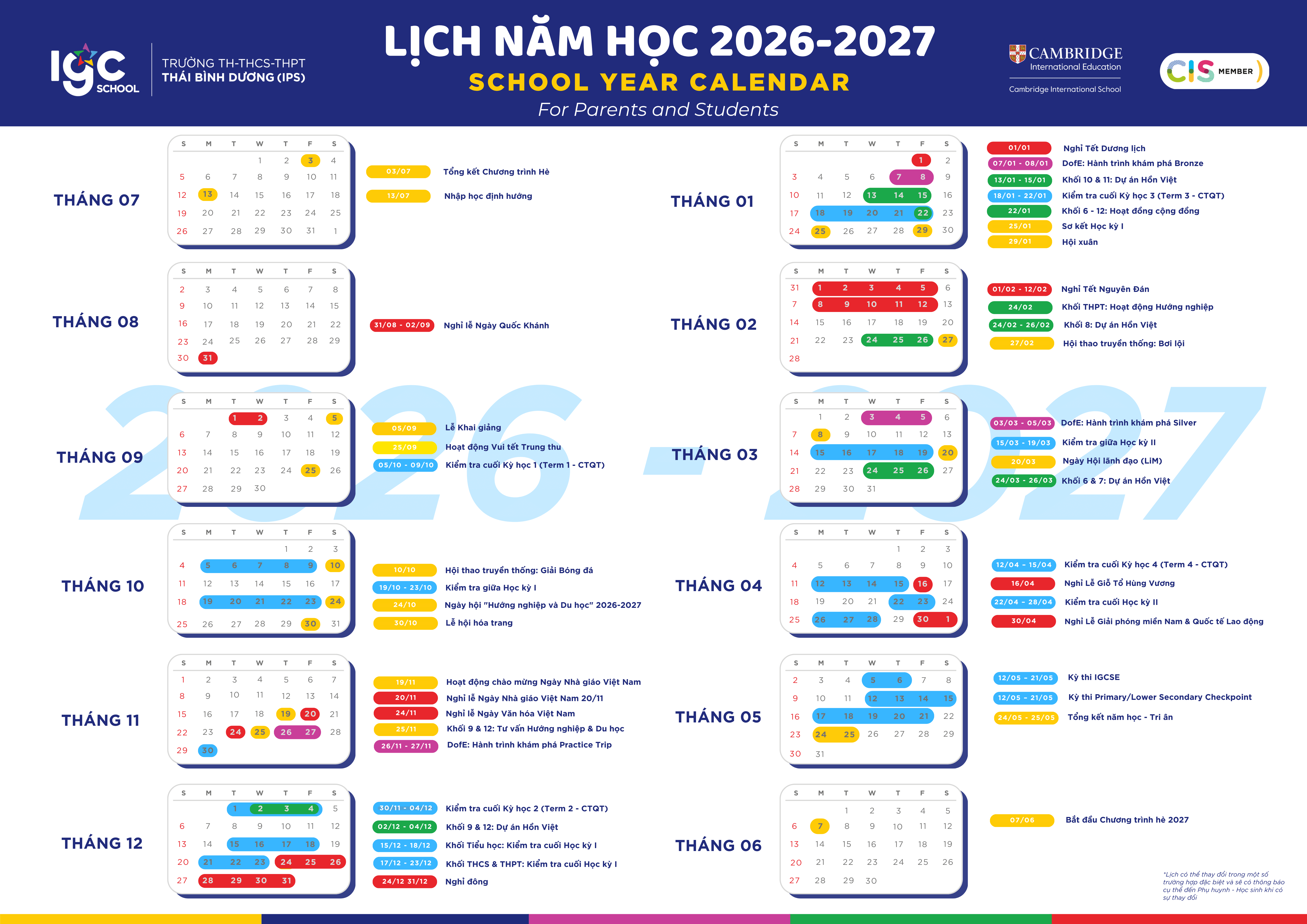 LỊCH HOẠT ĐỘNG NĂM HỌC