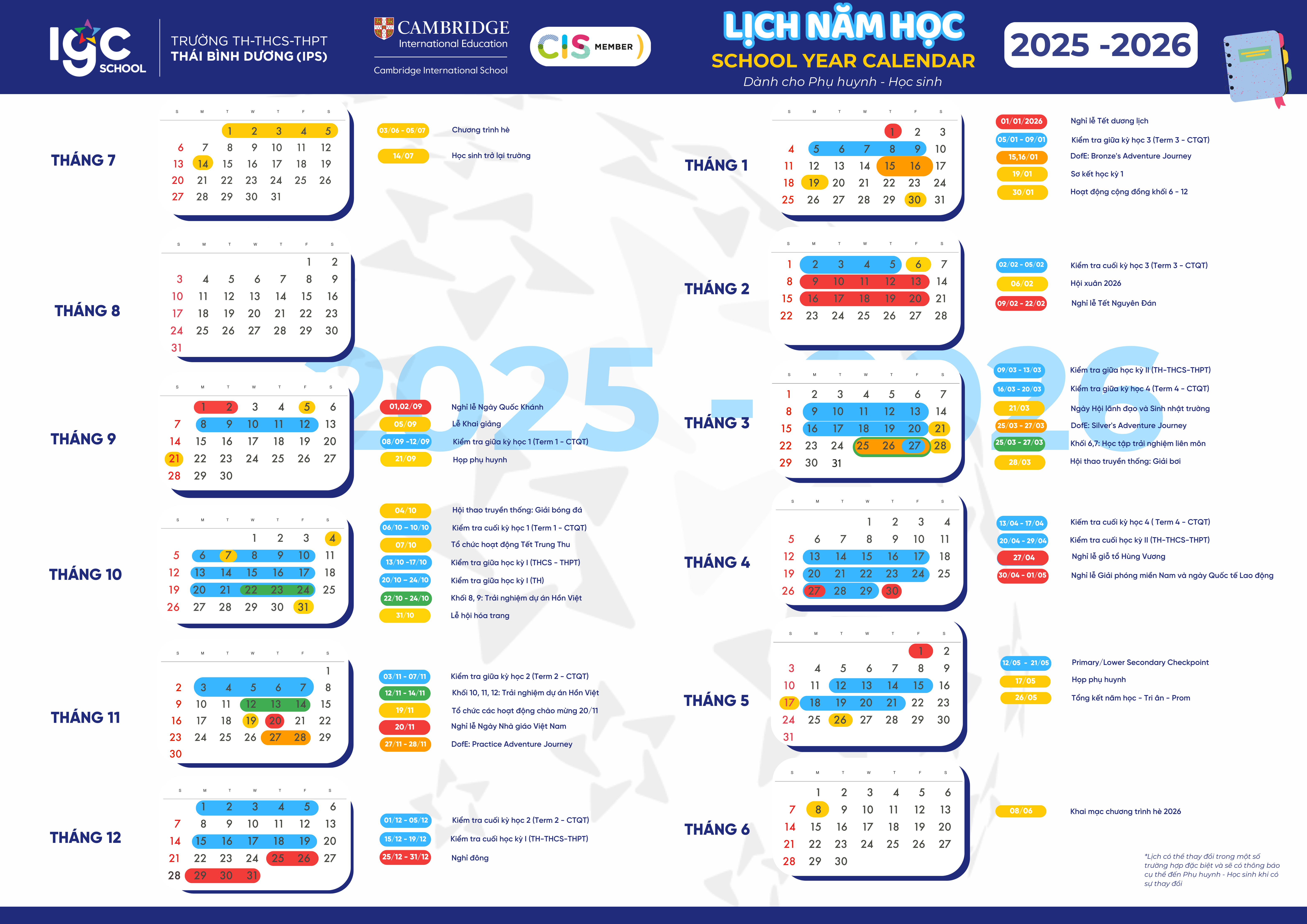 Lịch hoạt động IPS Đồng Nai - Năm học 2025 - 2026